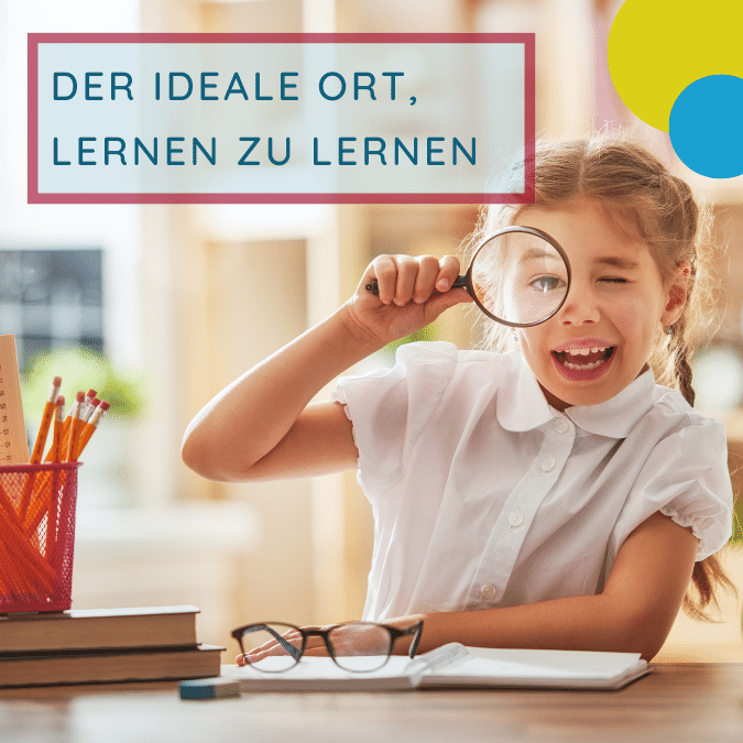 Titel - der Ideale Ort, lernen zu lernen; Inhalt - Mädchen mit Lupe und Buch